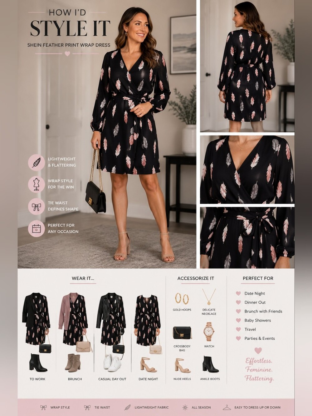 SHEIN Black Midi Dress with Pink White and Gray Feather Print